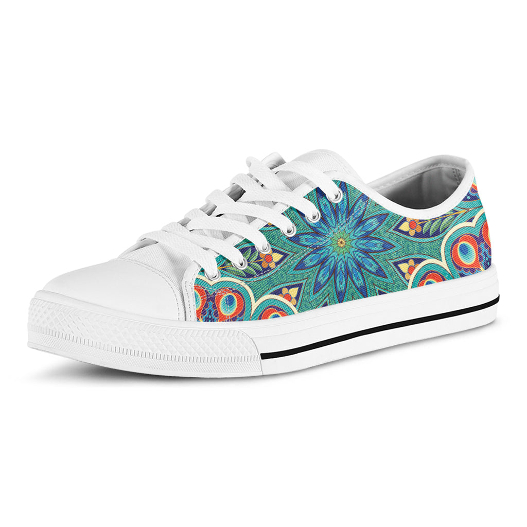 Peacock Feather Floral Pattern Print White Low Top Shoes