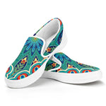 Peacock Feather Floral Pattern Print White Slip On Shoes