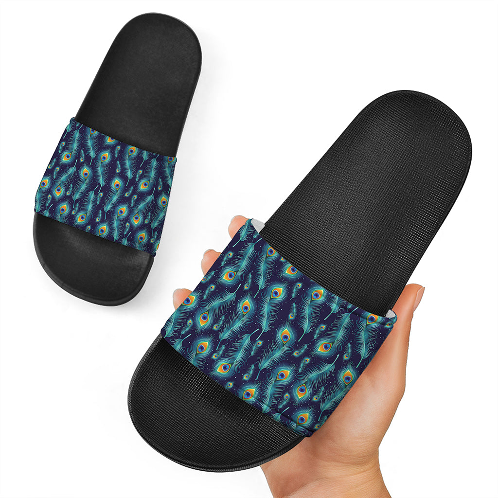Peacock Feather Pattern Print Black Slide Sandals