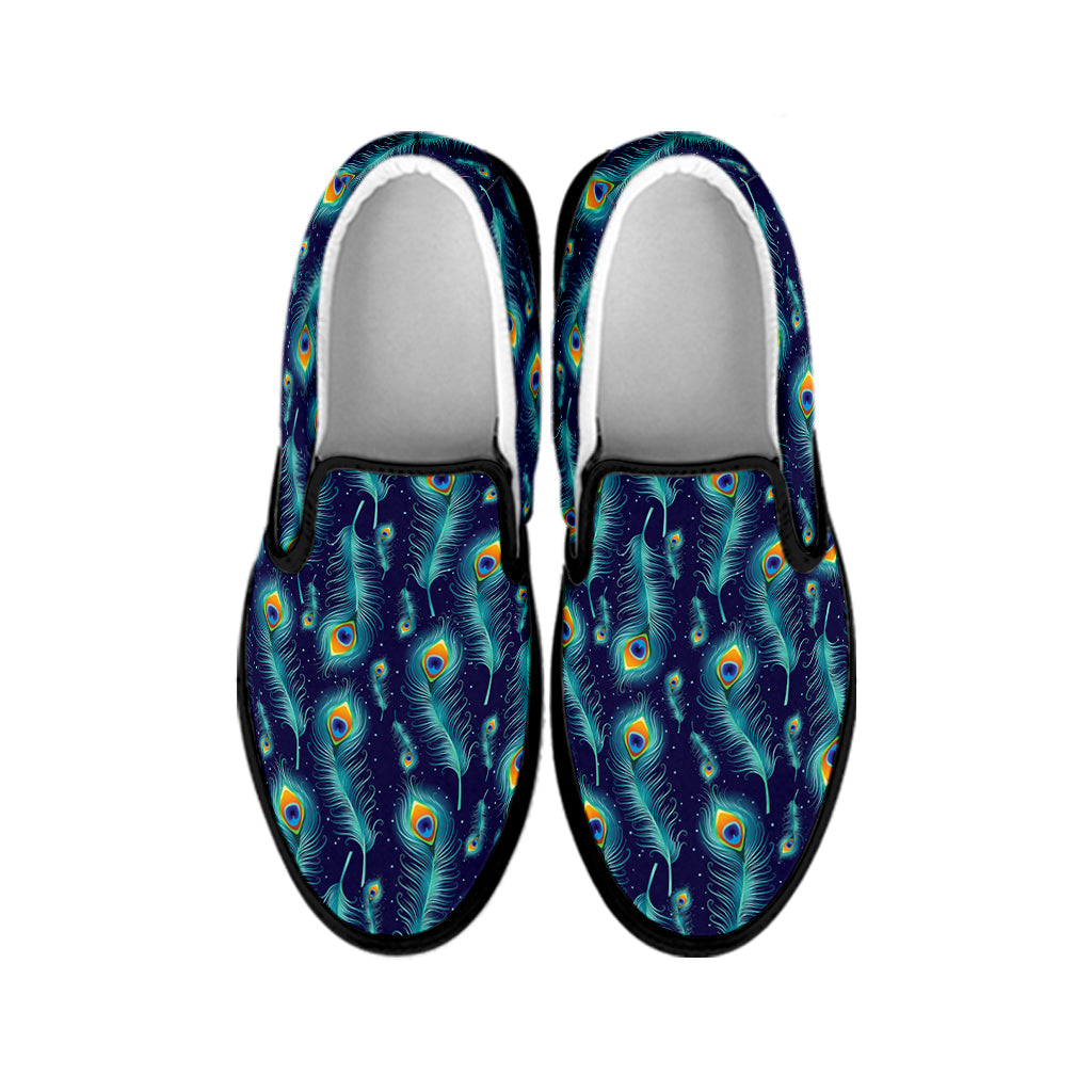 Peacock Feather Pattern Print Black Slip On Shoes
