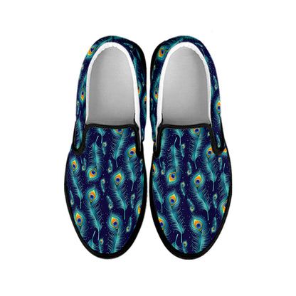 Peacock Feather Pattern Print Black Slip On Shoes