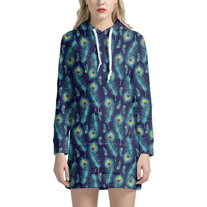 Peacock Feather Pattern Print Hoodie Dress