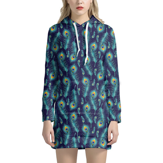 Peacock Feather Pattern Print Hoodie Dress