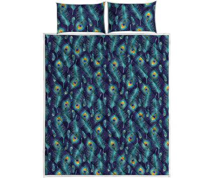 Peacock Feather Pattern Print Quilt Bed Set