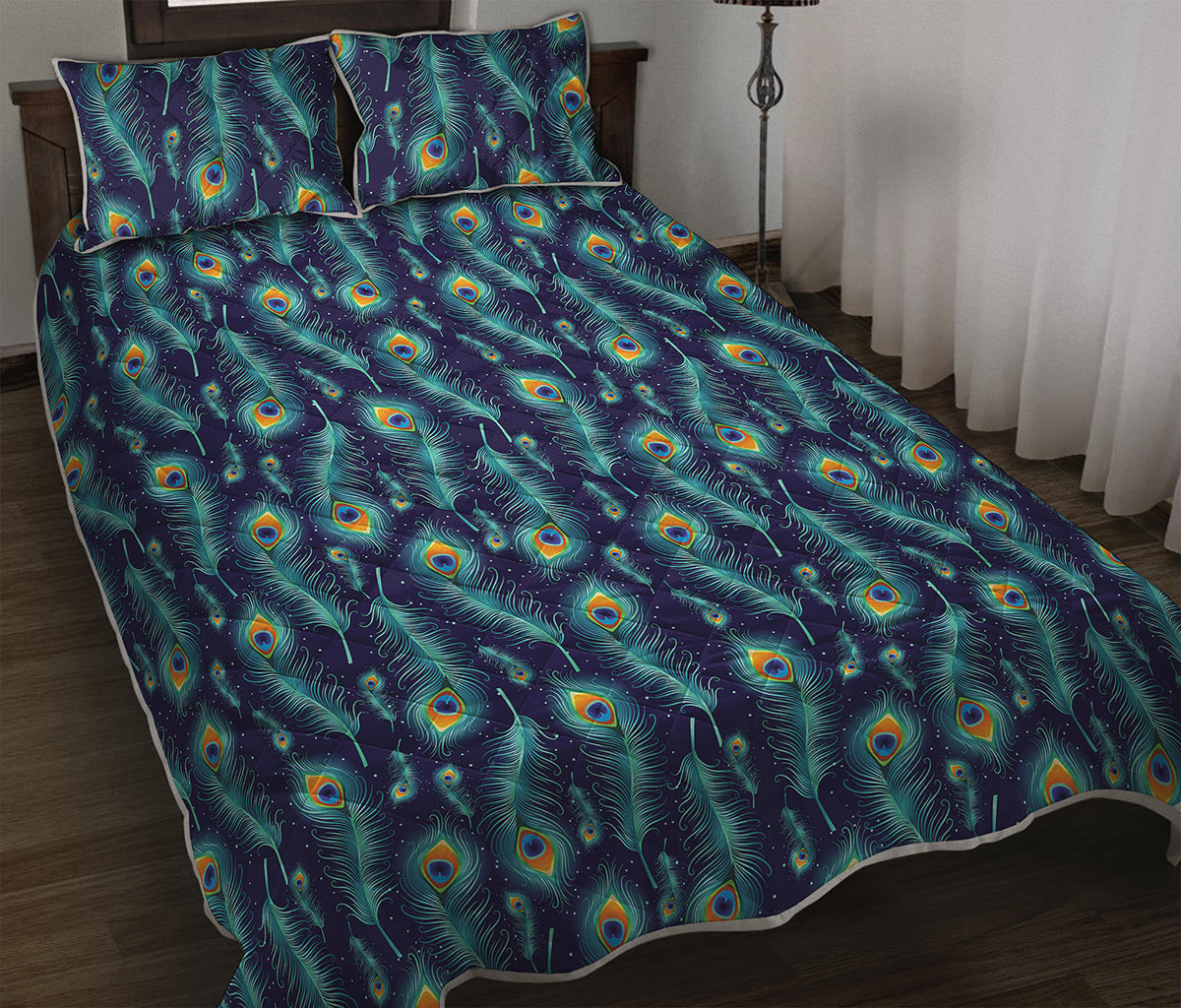 Peacock Feather Pattern Print Quilt Bed Set