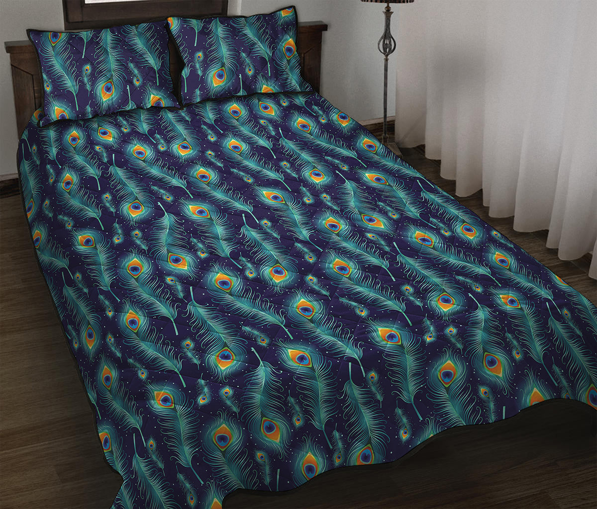 Peacock Feather Pattern Print Quilt Bed Set