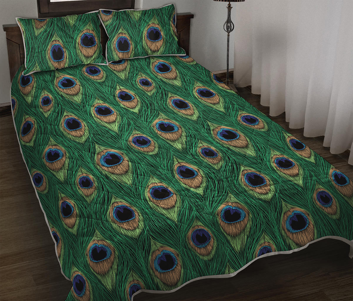 Peacock Tail Pattern Print Quilt Bed Set