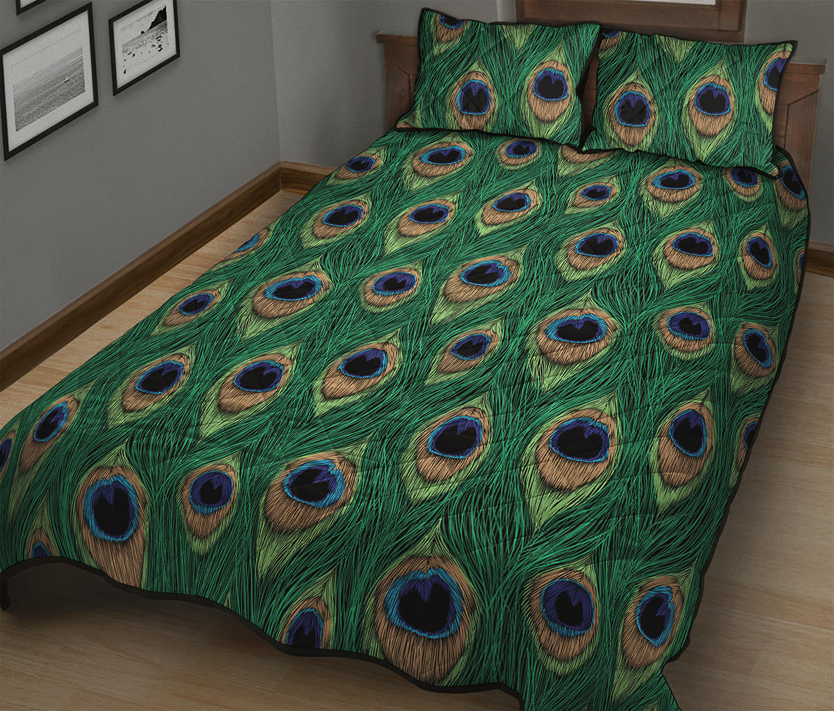 Peacock Tail Pattern Print Quilt Bed Set