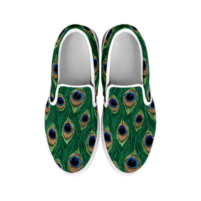 Peacock Tail Pattern Print White Slip On Shoes