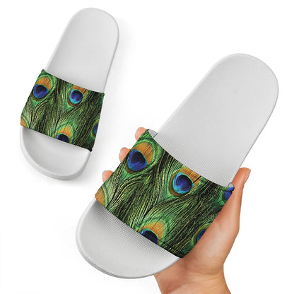 Peacock Tail Print White Slide Sandals