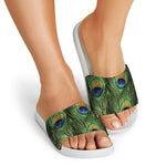 Peacock Tail Print White Slide Sandals