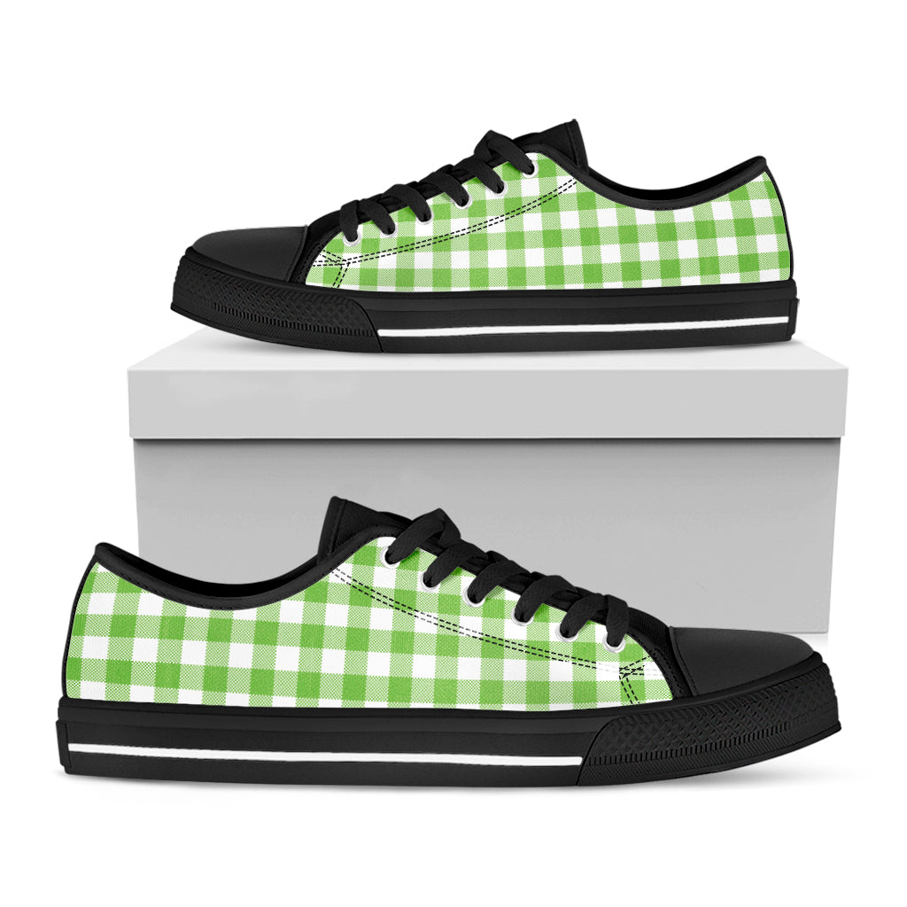 Pear Green And White Gingham Print Black Low Top Shoes