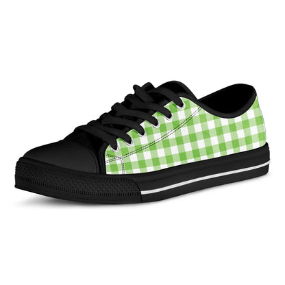 Pear Green And White Gingham Print Black Low Top Shoes