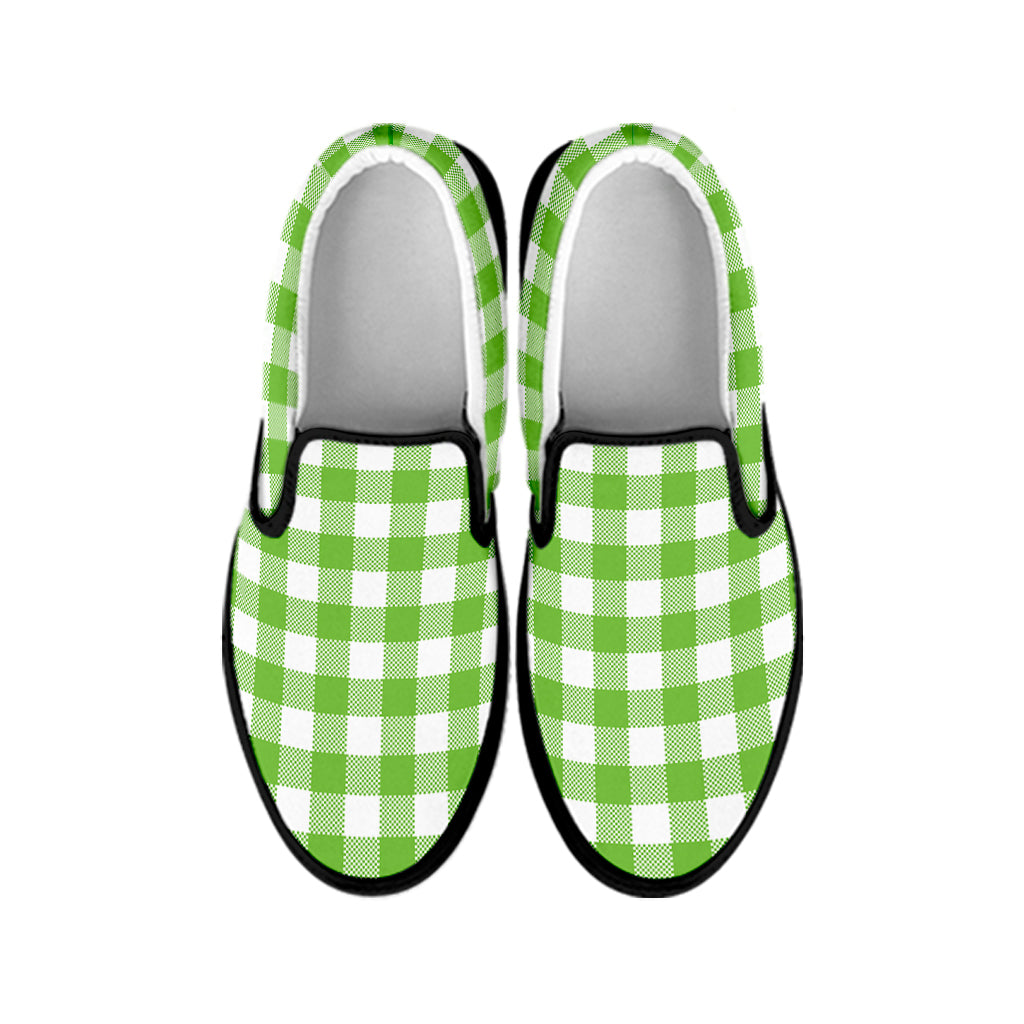 Pear Green And White Gingham Print Black Slip On Shoes