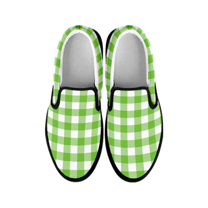 Pear Green And White Gingham Print Black Slip On Shoes