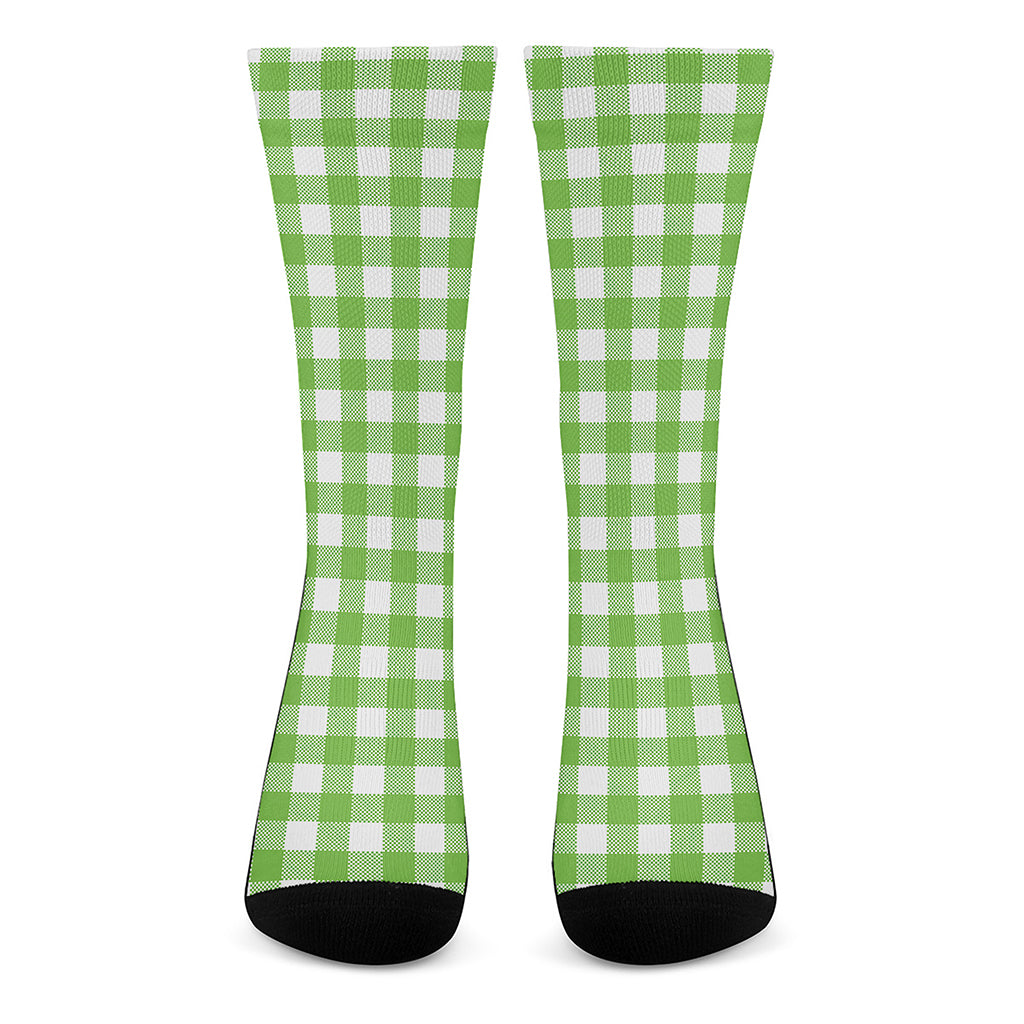 Pear Green And White Gingham Print Crew Socks