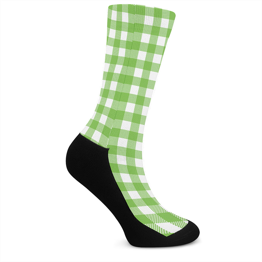 Pear Green And White Gingham Print Crew Socks