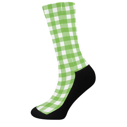 Pear Green And White Gingham Print Crew Socks
