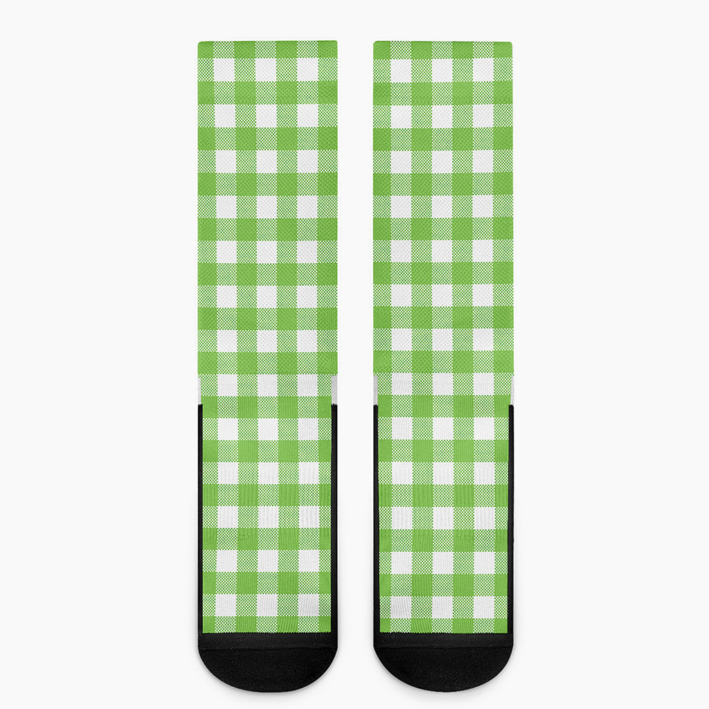 Pear Green And White Gingham Print Crew Socks