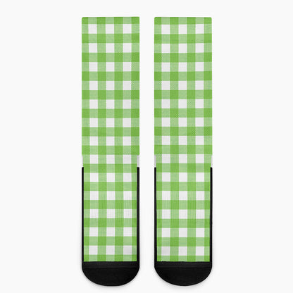 Pear Green And White Gingham Print Crew Socks