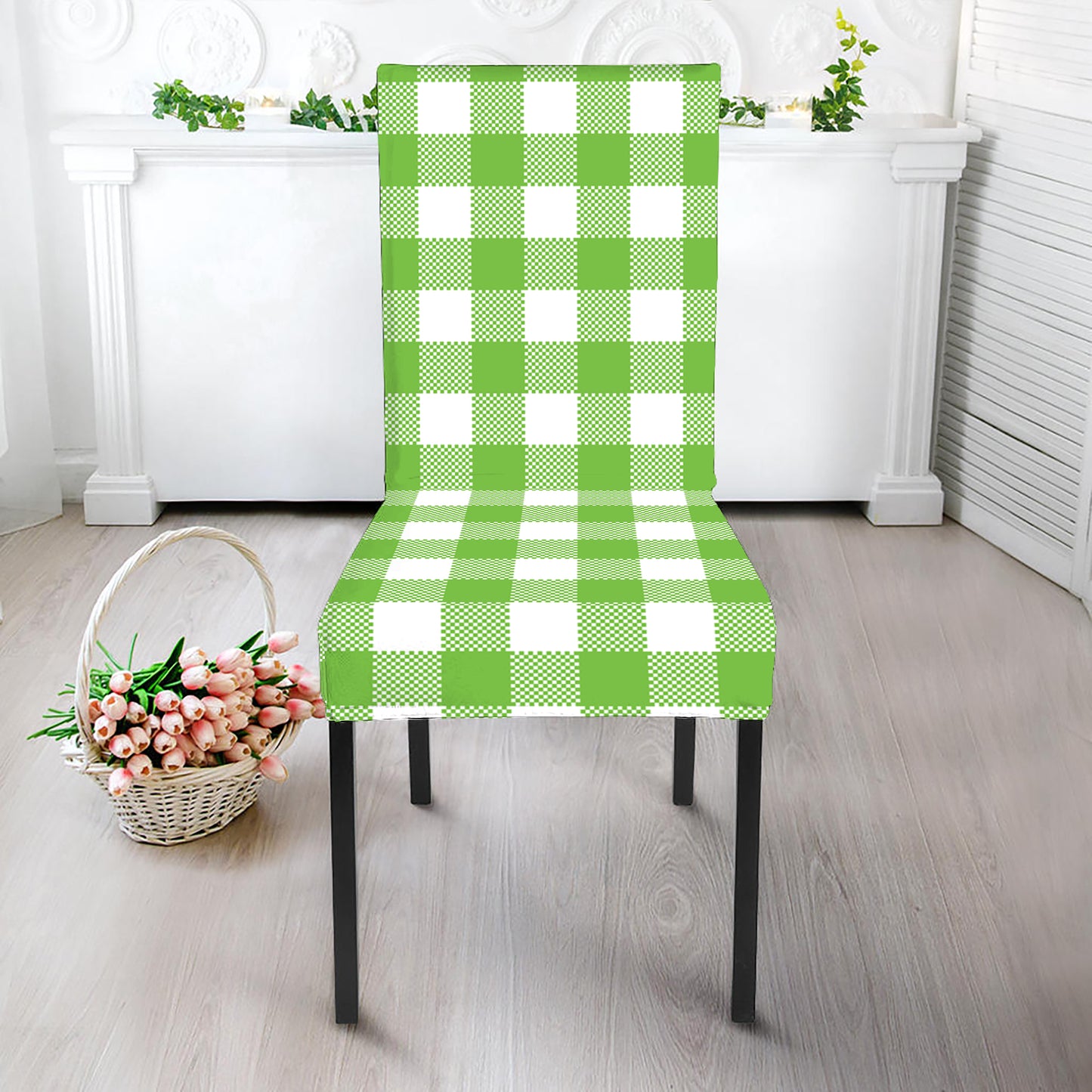 Pear Green And White Gingham Print Dining Chair Slipcover