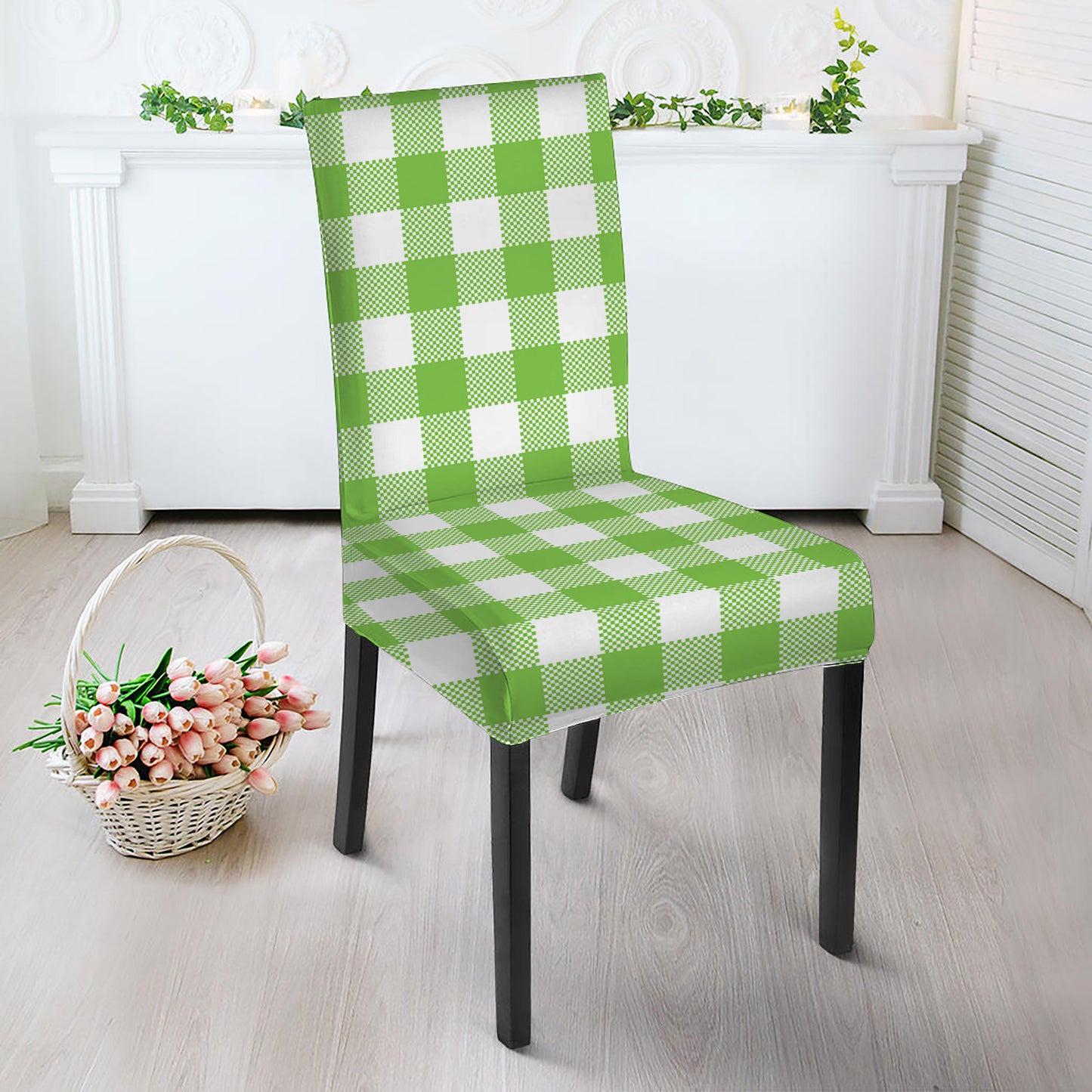 Pear Green And White Gingham Print Dining Chair Slipcover