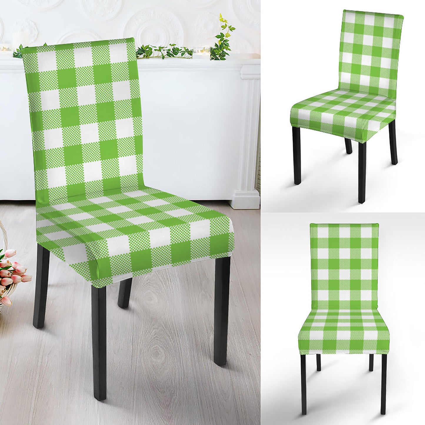 Pear Green And White Gingham Print Dining Chair Slipcover