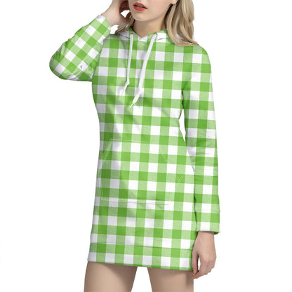 Pear Green And White Gingham Print Hoodie Dress