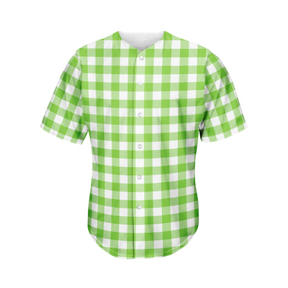 Pear Green And White Gingham Print Men's Baseball Jersey