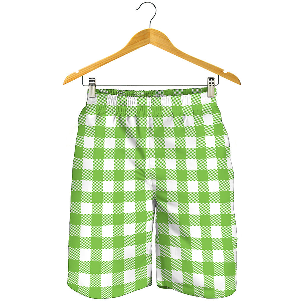 Pear Green And White Gingham Print Men's Shorts