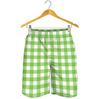 Pear Green And White Gingham Print Men's Shorts