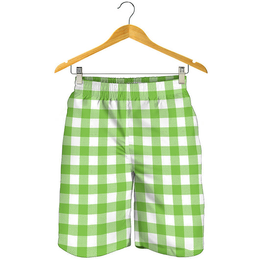 Pear Green And White Gingham Print Men's Shorts