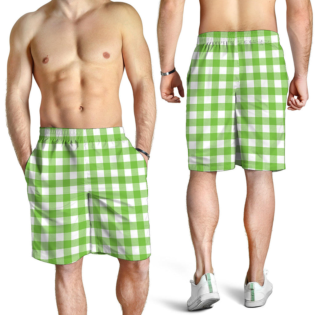 Pear Green And White Gingham Print Men's Shorts