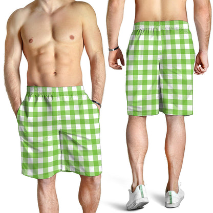 Pear Green And White Gingham Print Men's Shorts