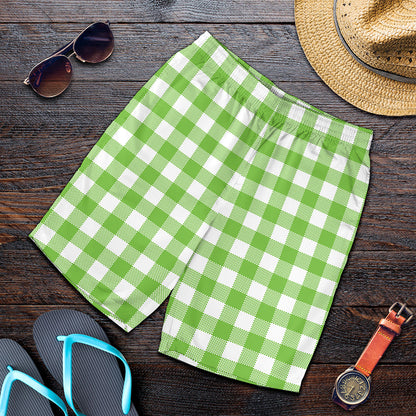 Pear Green And White Gingham Print Men's Shorts
