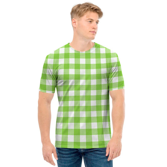 Pear Green And White Gingham Print Men's T-Shirt