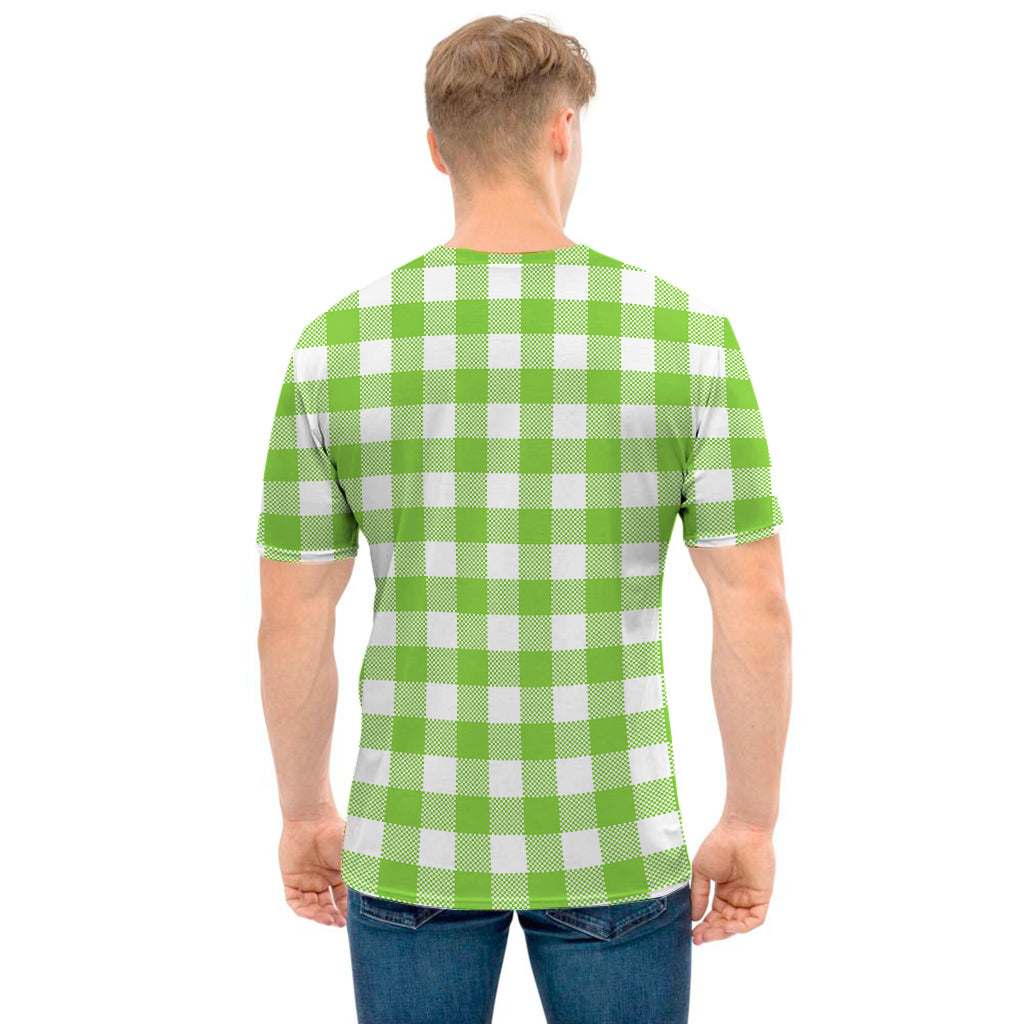 Pear Green And White Gingham Print Men's T-Shirt