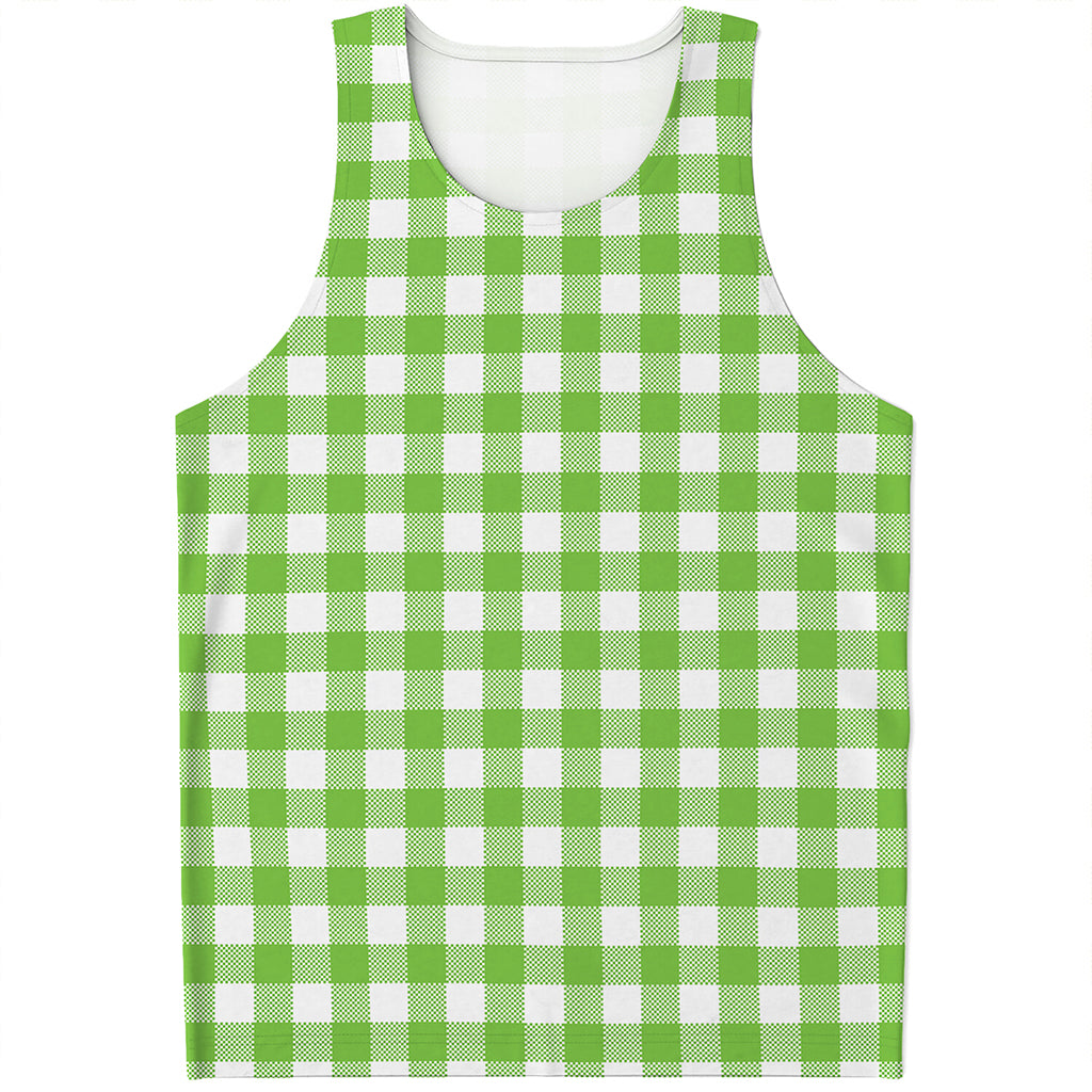 Pear Green And White Gingham Print Men's Tank Top