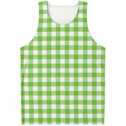 Pear Green And White Gingham Print Men's Tank Top
