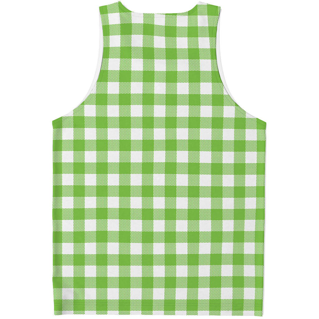 Pear Green And White Gingham Print Men's Tank Top