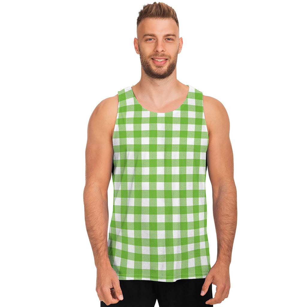 Pear Green And White Gingham Print Men's Tank Top