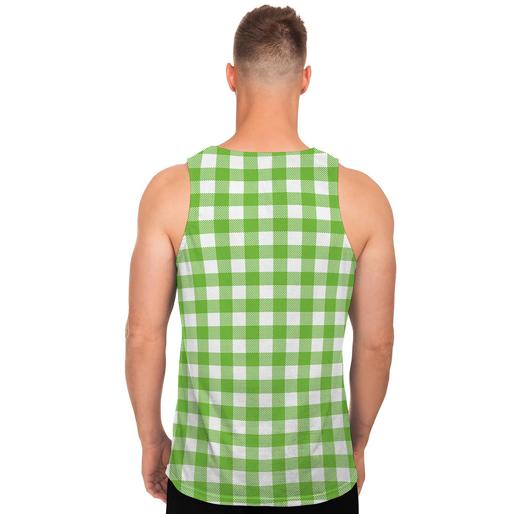 Pear Green And White Gingham Print Men's Tank Top