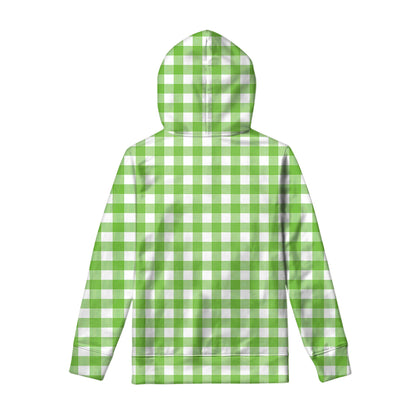 Pear Green And White Gingham Print Pullover Hoodie