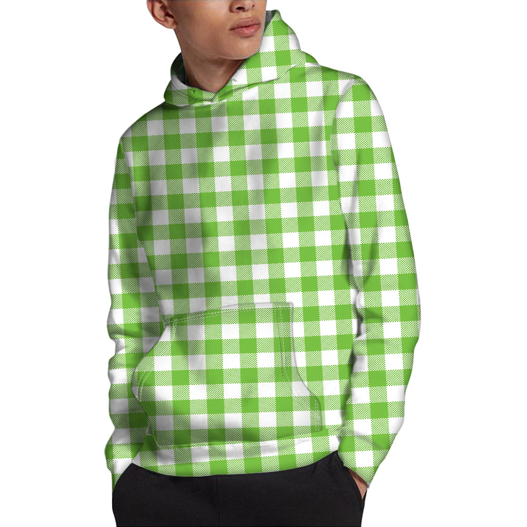 Pear Green And White Gingham Print Pullover Hoodie