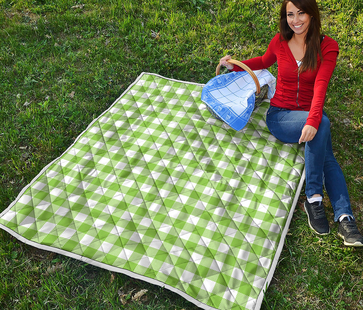 Pear Green And White Gingham Print Quilt