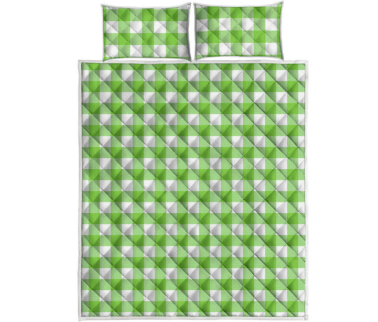 Pear Green And White Gingham Print Quilt Bed Set