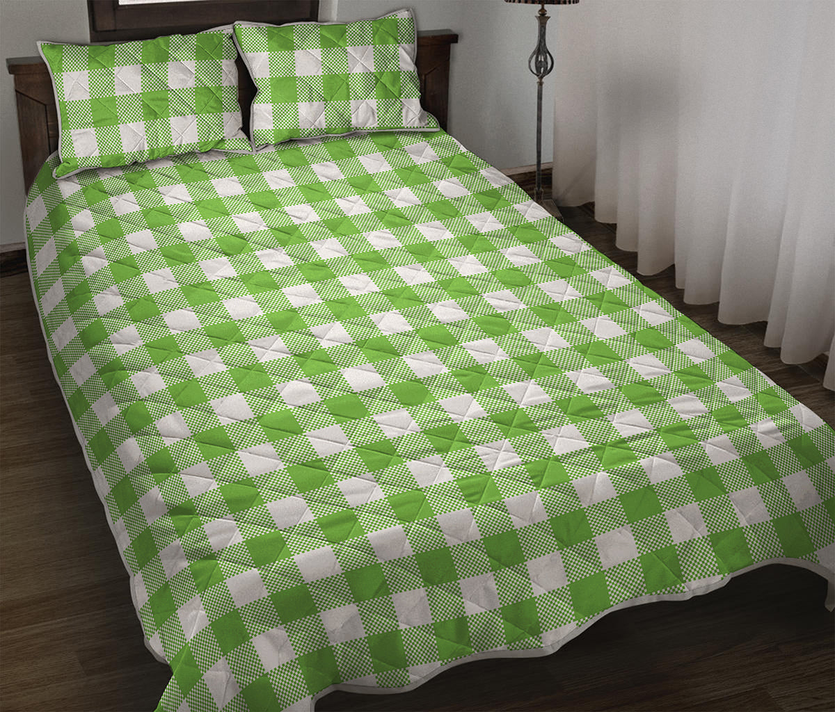 Pear Green And White Gingham Print Quilt Bed Set