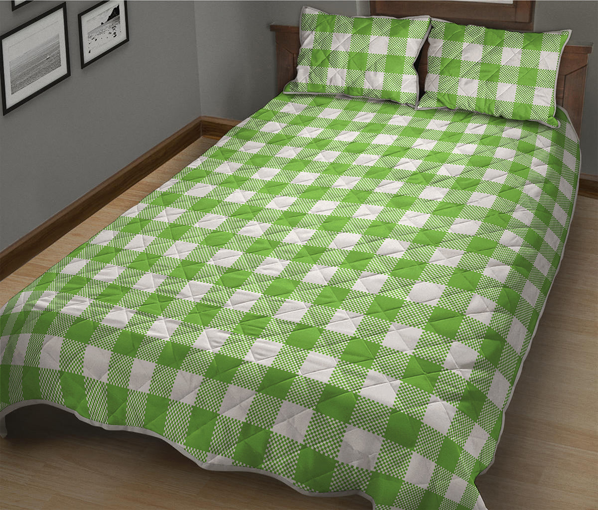 Pear Green And White Gingham Print Quilt Bed Set
