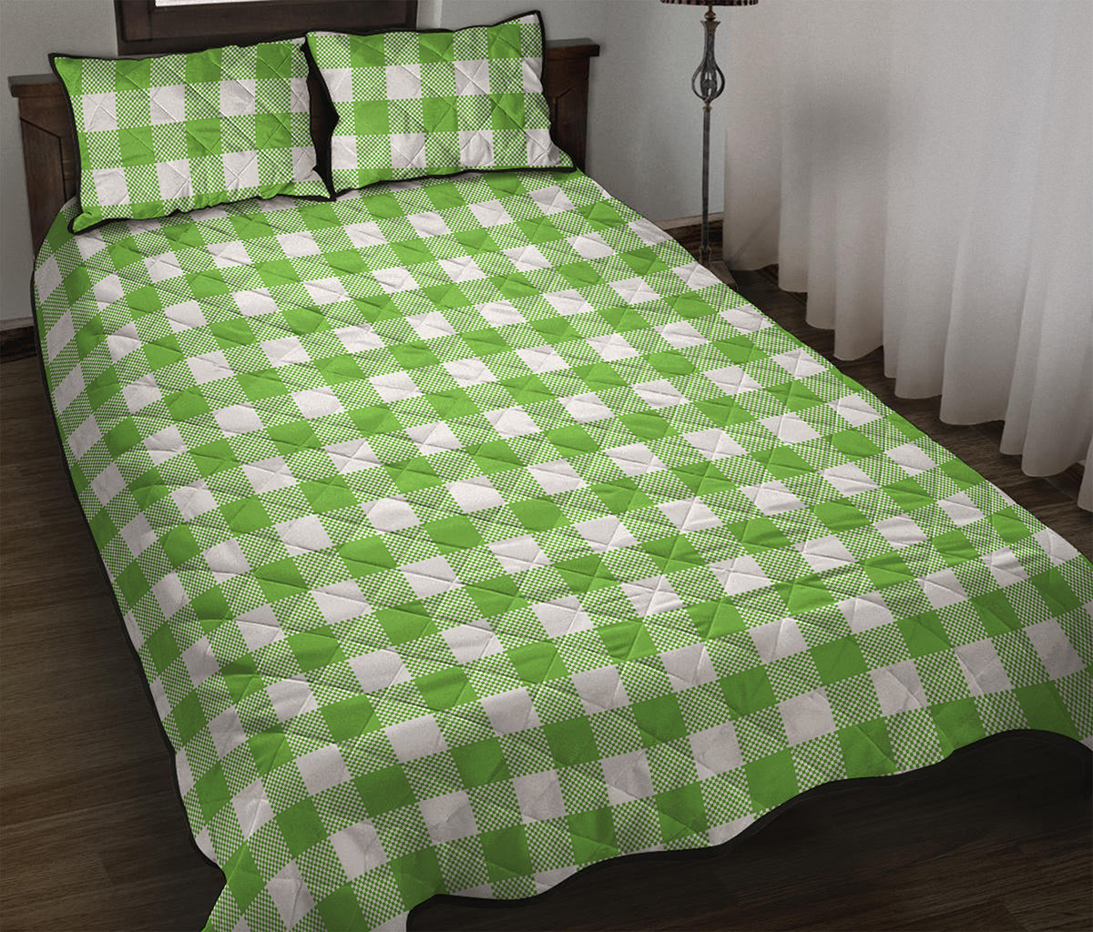 Pear Green And White Gingham Print Quilt Bed Set