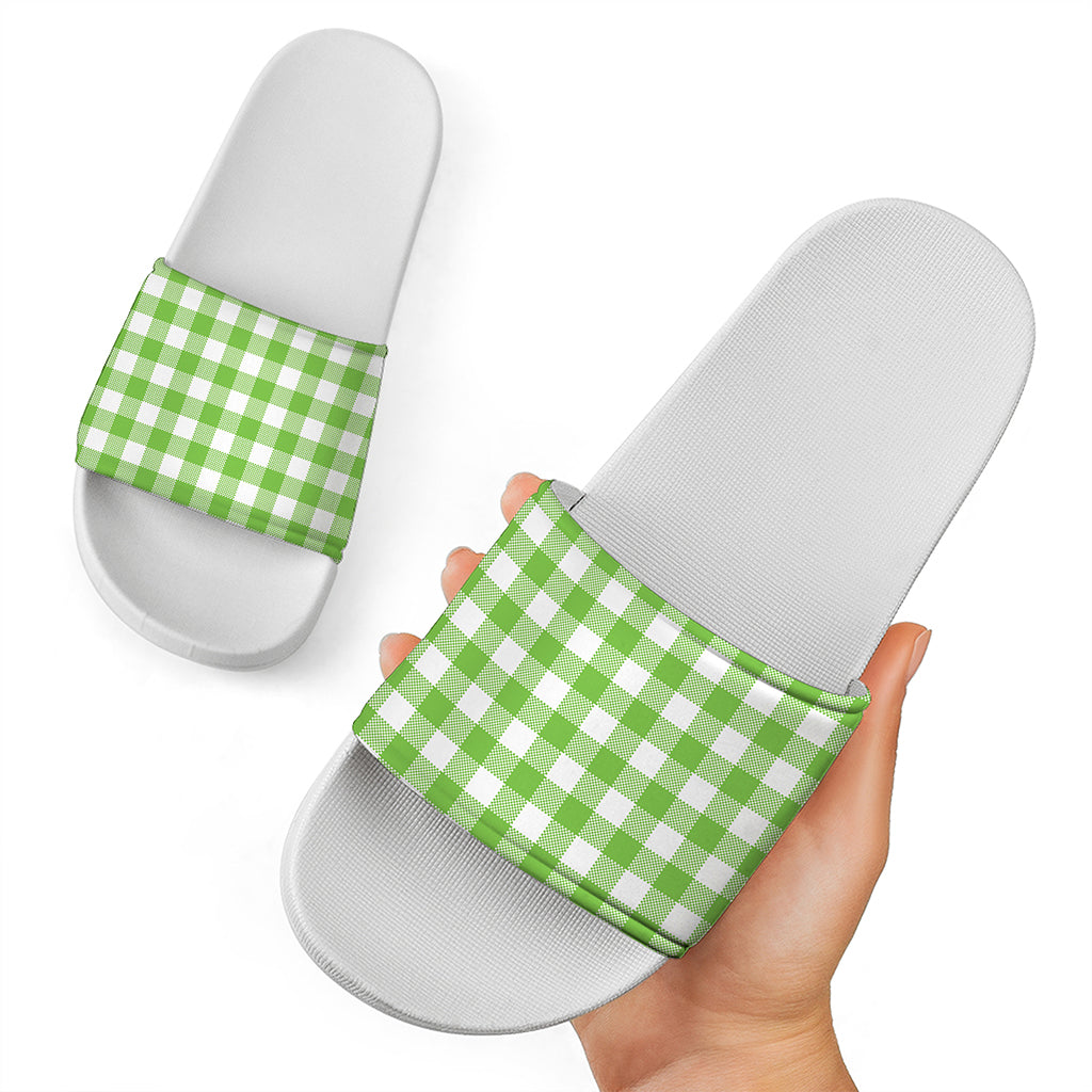 Pear Green And White Gingham Print White Slide Sandals